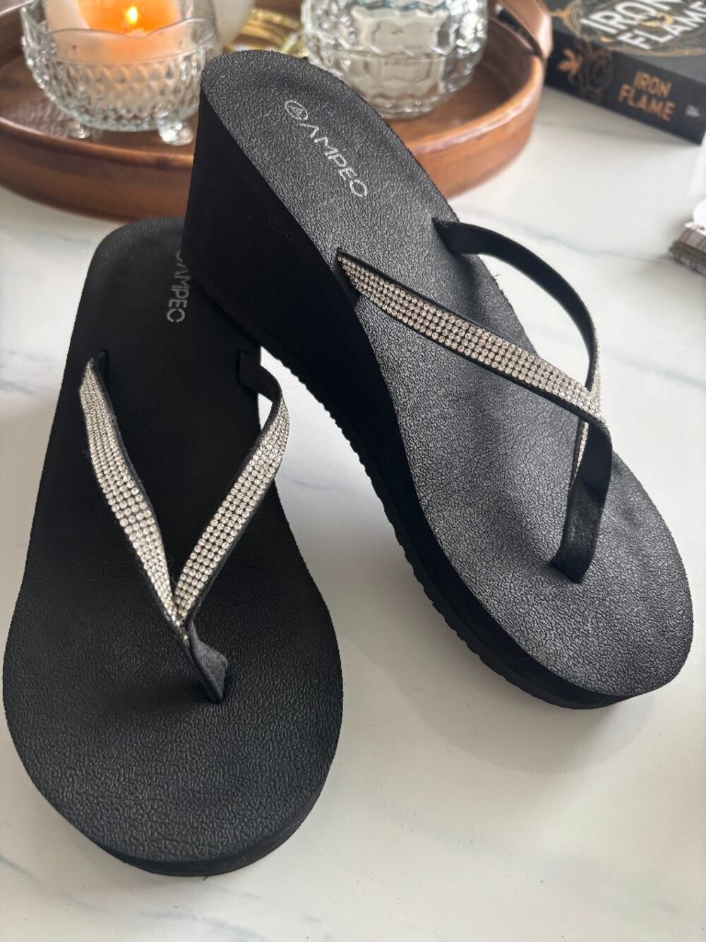 Women's Wedge Sandals Rhinestone Thong Platform Flip Flops